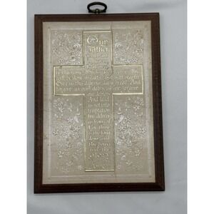 Vintage Lord's Prayer Wall Plaque Framed Cross Gold Christian Religious Art